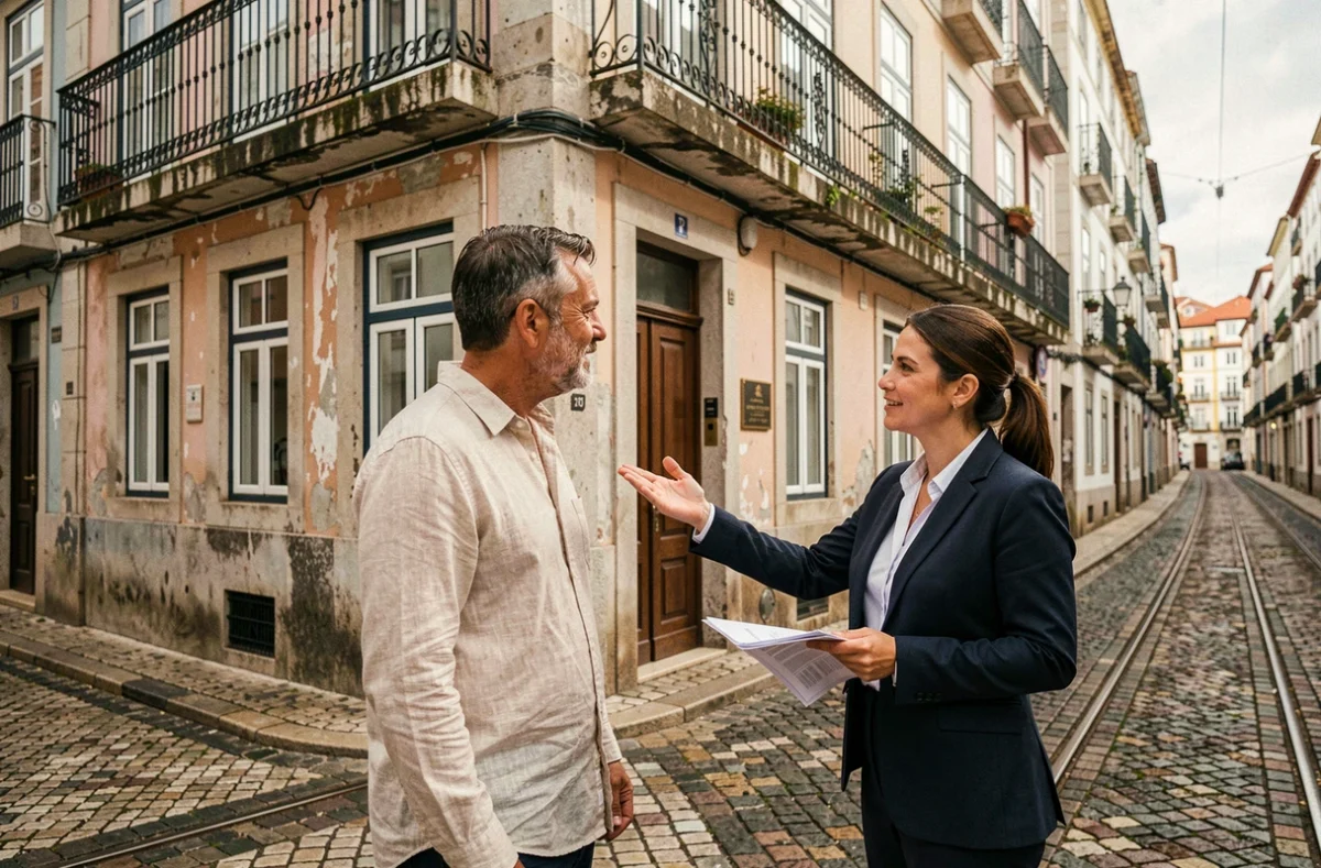 Acheteur immobilier et agent rencontrant devant un immeuble historique du quartier Ribeira à Porto pour investissement locatif saisonnier