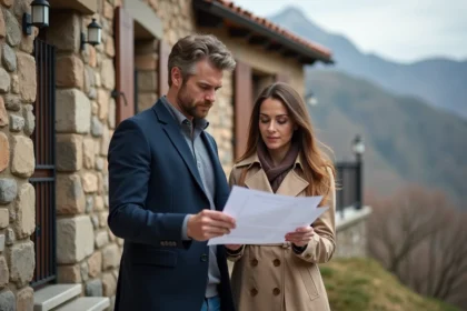 Couple non-résident examinant des documents immobiliers devant une maison en pierre typique d'Andorre avec vue sur les Pyrénées
