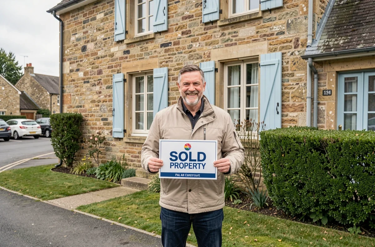 Propriétaire satisfait devant sa maison en pierre vendue avec l'aide d'une agence immobilière locale
