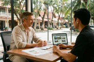 Expatrié occidental en discussion avec un agent immobilier thaïlandais dans une agence moderne à Chiang Mai, documents de propriété sur le bureau