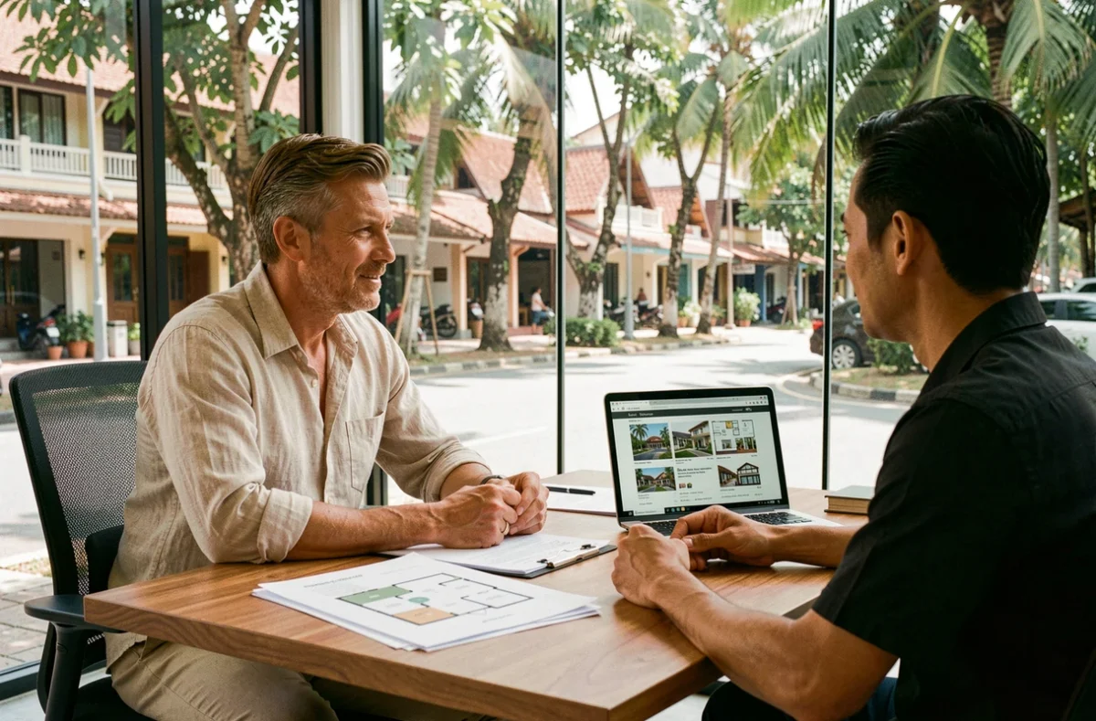 Expatrié occidental en discussion avec un agent immobilier thaïlandais dans une agence moderne à Chiang Mai, documents de propriété sur le bureau
