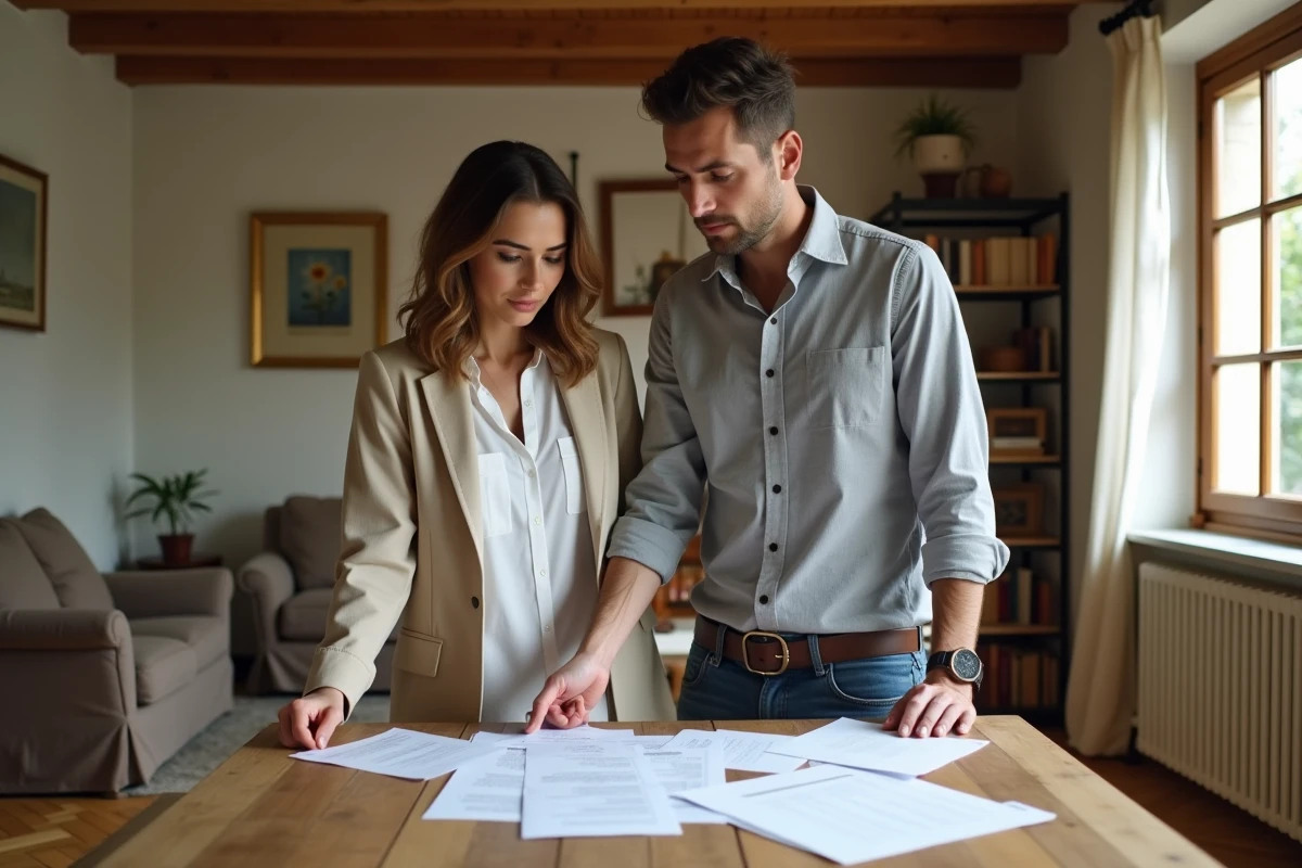 Couple d'acheteurs examinant des documents immobiliers dans le salon d'une maison en Lorraine