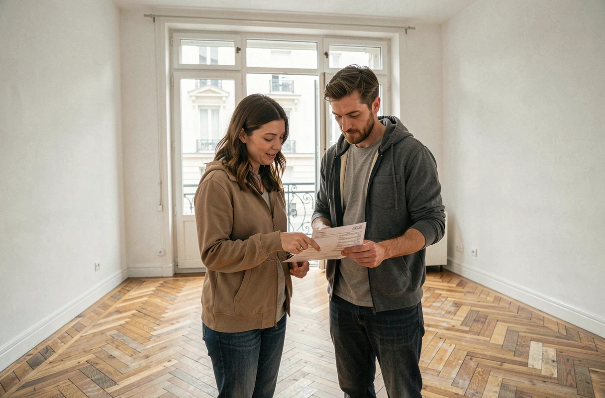 Couple d'acheteurs immobiliers examinant un rapport de diagnostic dans un appartement vide à vendre