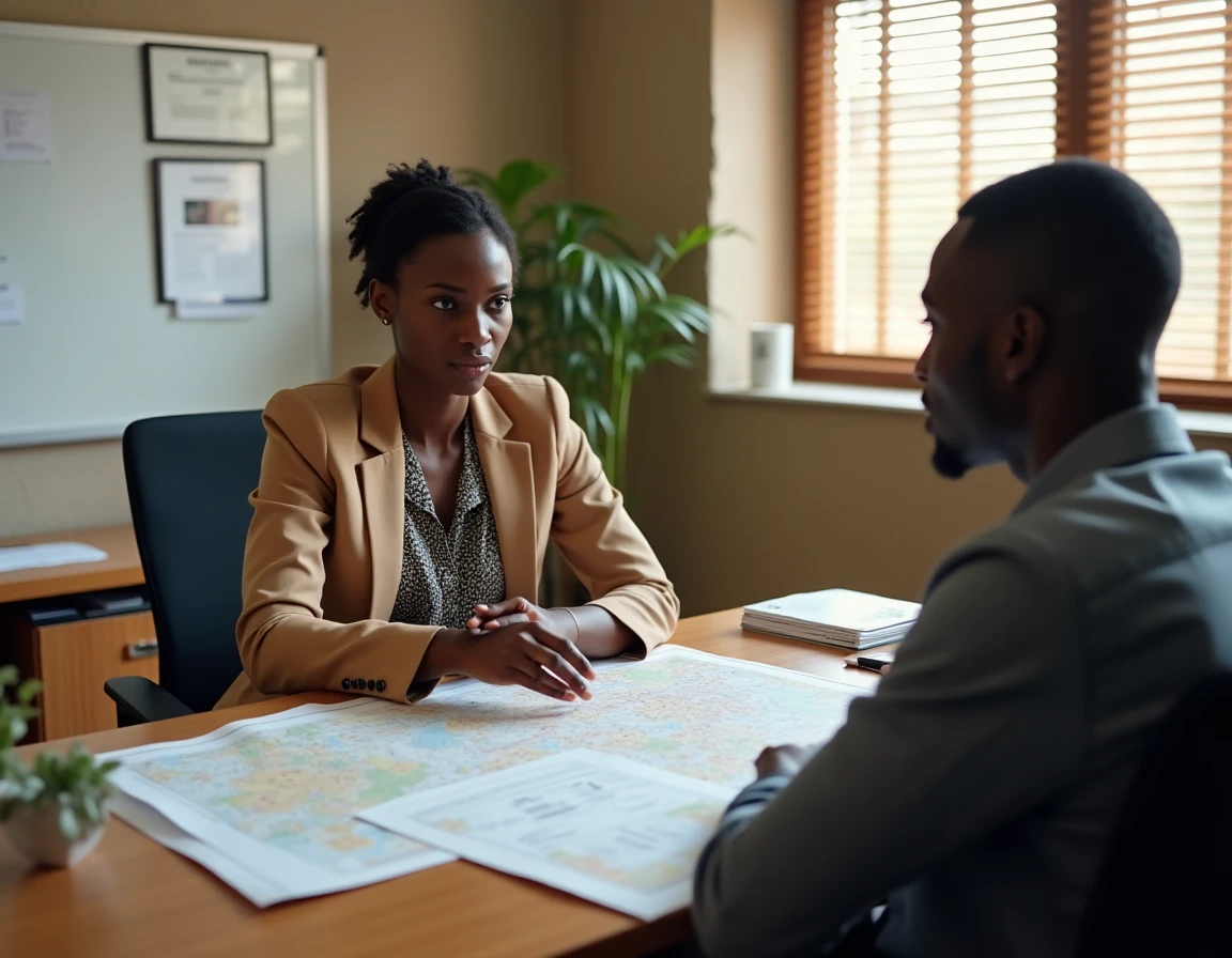 Agente immobilière sénégalaise présentant un plan cadastral à un client dans une agence à Dakar