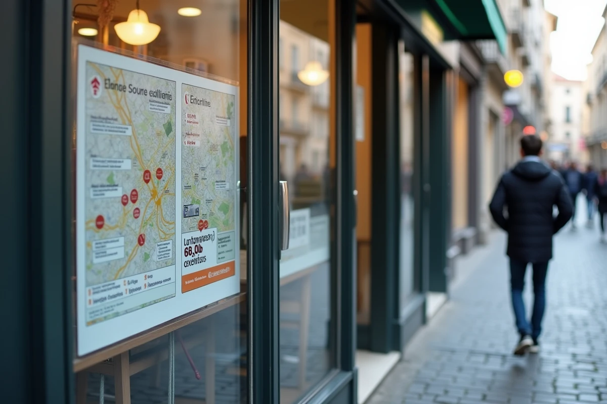 Vitrine d'agence immobilière avec annonces de loyers dans une ville française en zone tendue