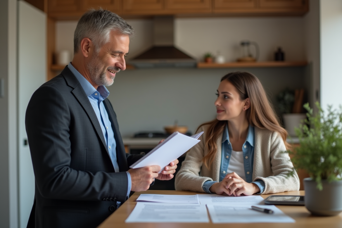 Agent d'assurance discutant avec un couple dans la cuisine