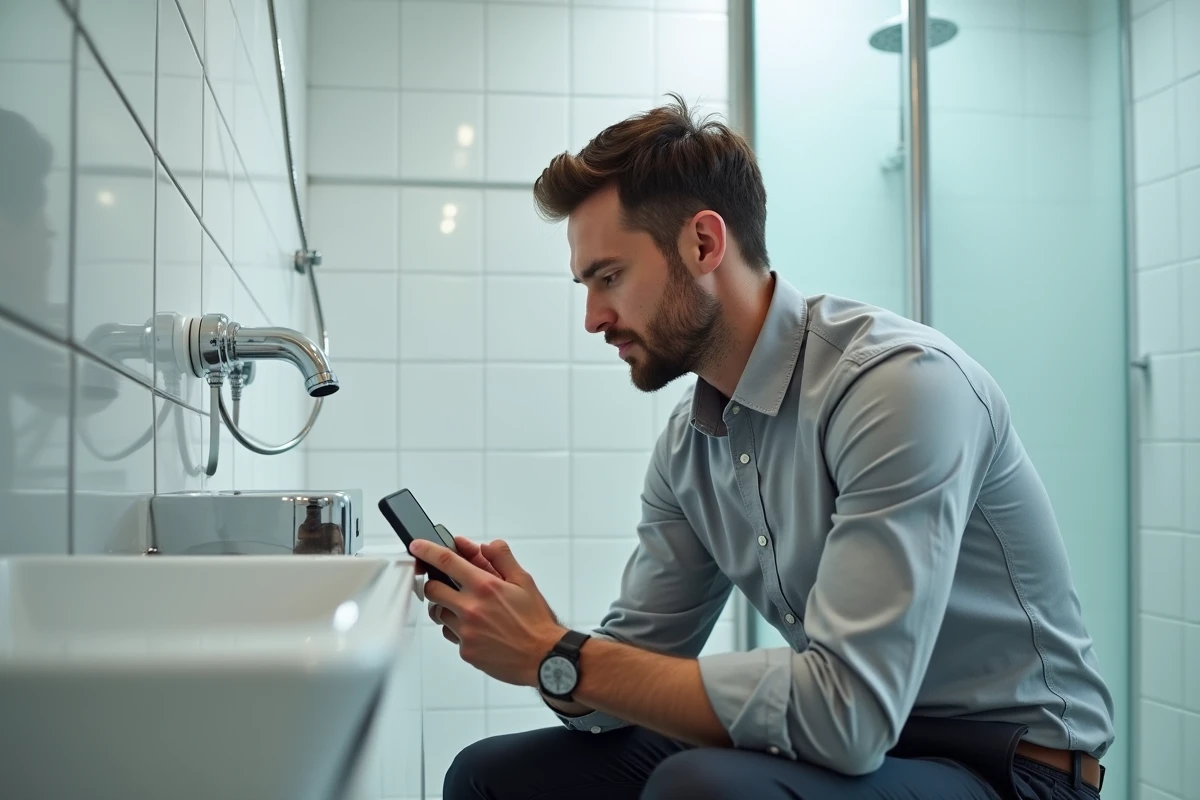 Agent immobilier réalisant un état des lieux numérique dans une salle de bain avec application mobile