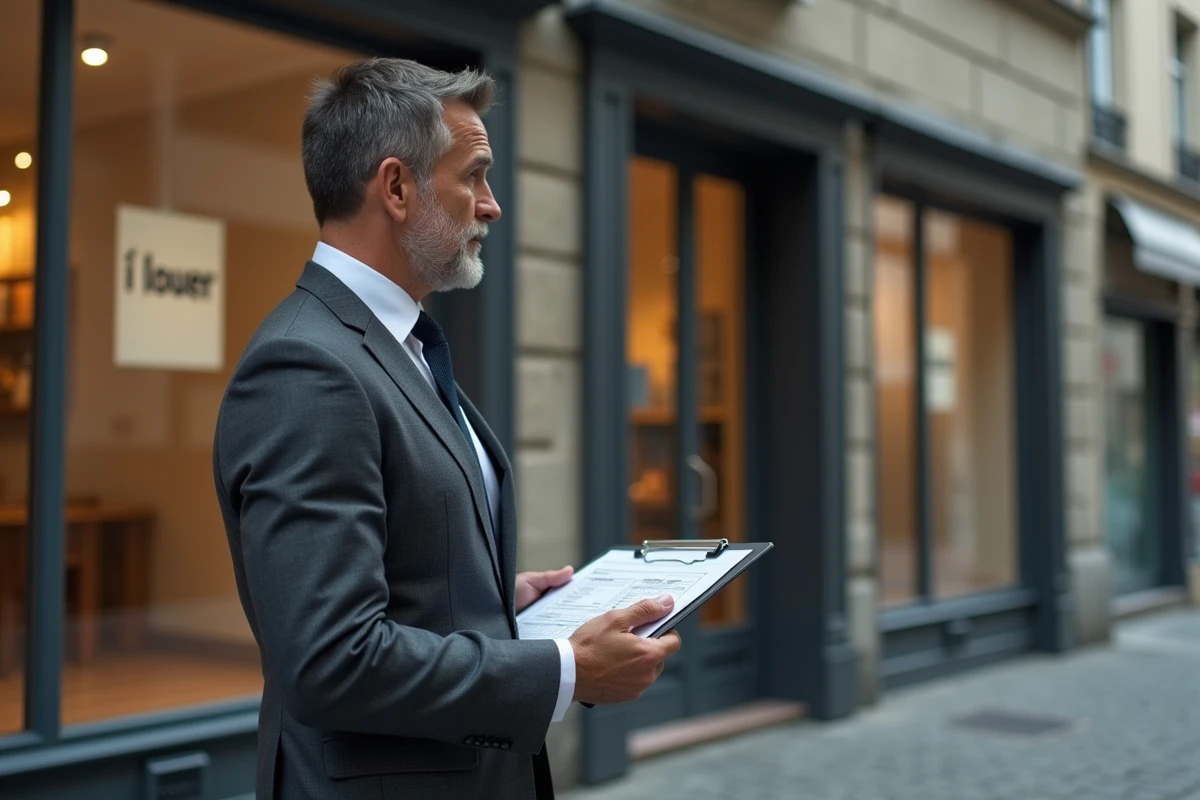 Agent immobilier commercial devant une vitrine à louer évaluant les indices de révision de loyer