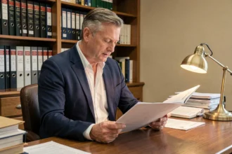 Agent immobilier consultant les diagnostics obligatoires d'une propriété dans un bureau notarial