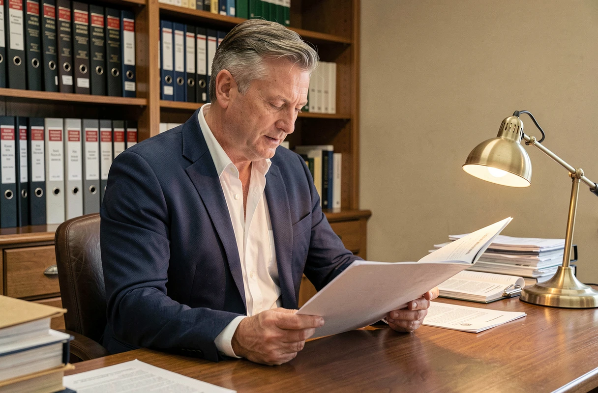 Agent immobilier consultant les diagnostics obligatoires d'une propriété dans un bureau notarial