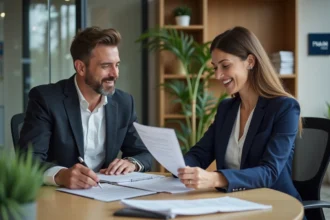 Agent immobilier FNAIM en réunion avec des clients dans une agence professionnelle