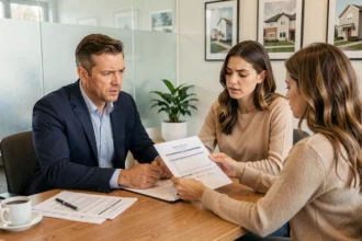 Agent immobilier expliquant des honoraires de mandat à un couple de vendeurs dans une agence moderne