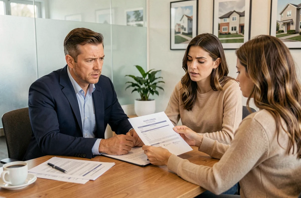 Agent immobilier expliquant des honoraires de mandat à un couple de vendeurs dans une agence moderne