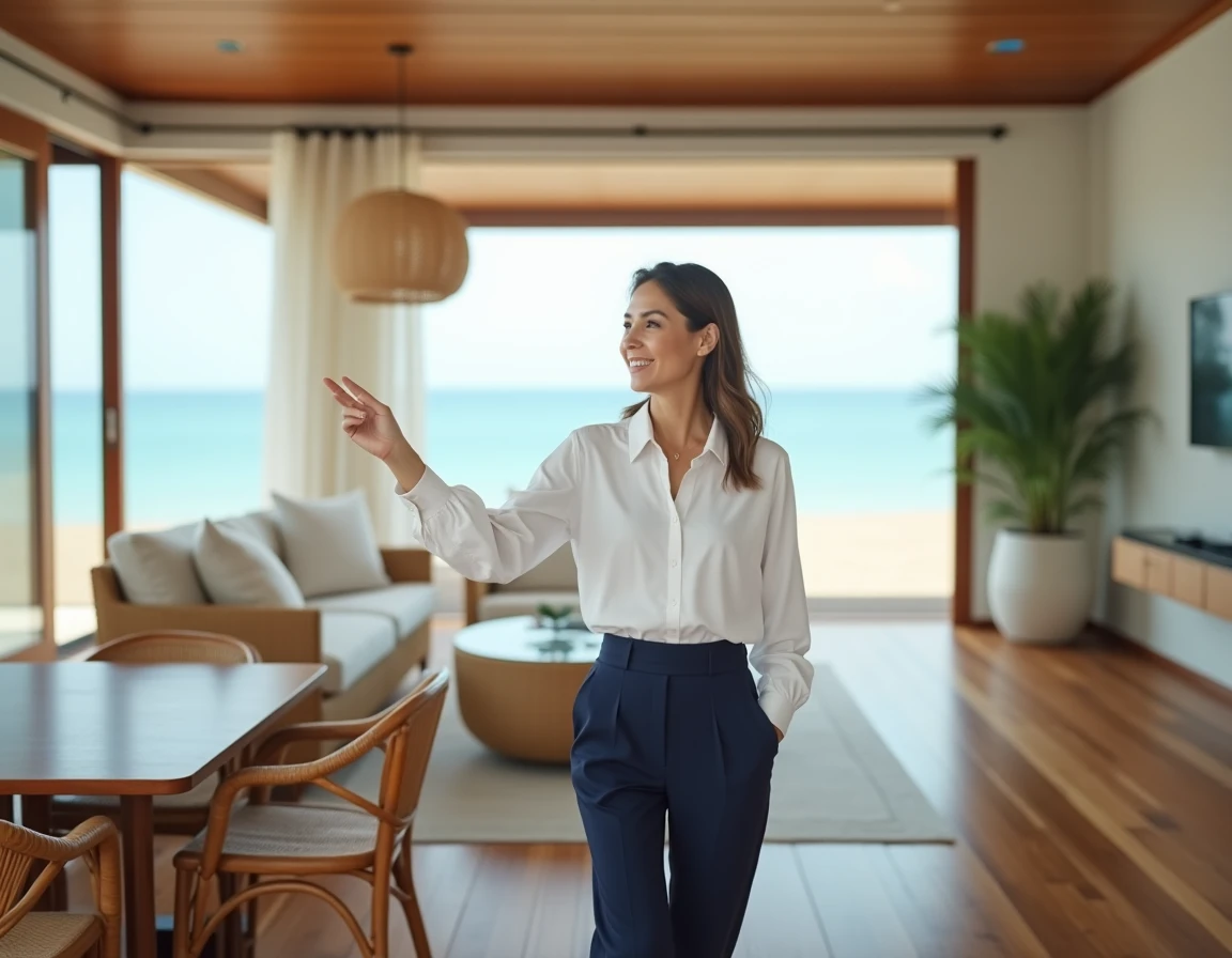 Agent immobilier thaïlandaise présentant une maison à vendre proche de la plage en Thaïlande