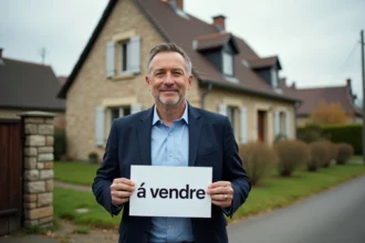 Agent immobilier devant une maison à vendre en Moselle près de Metz avec panneau de vente
