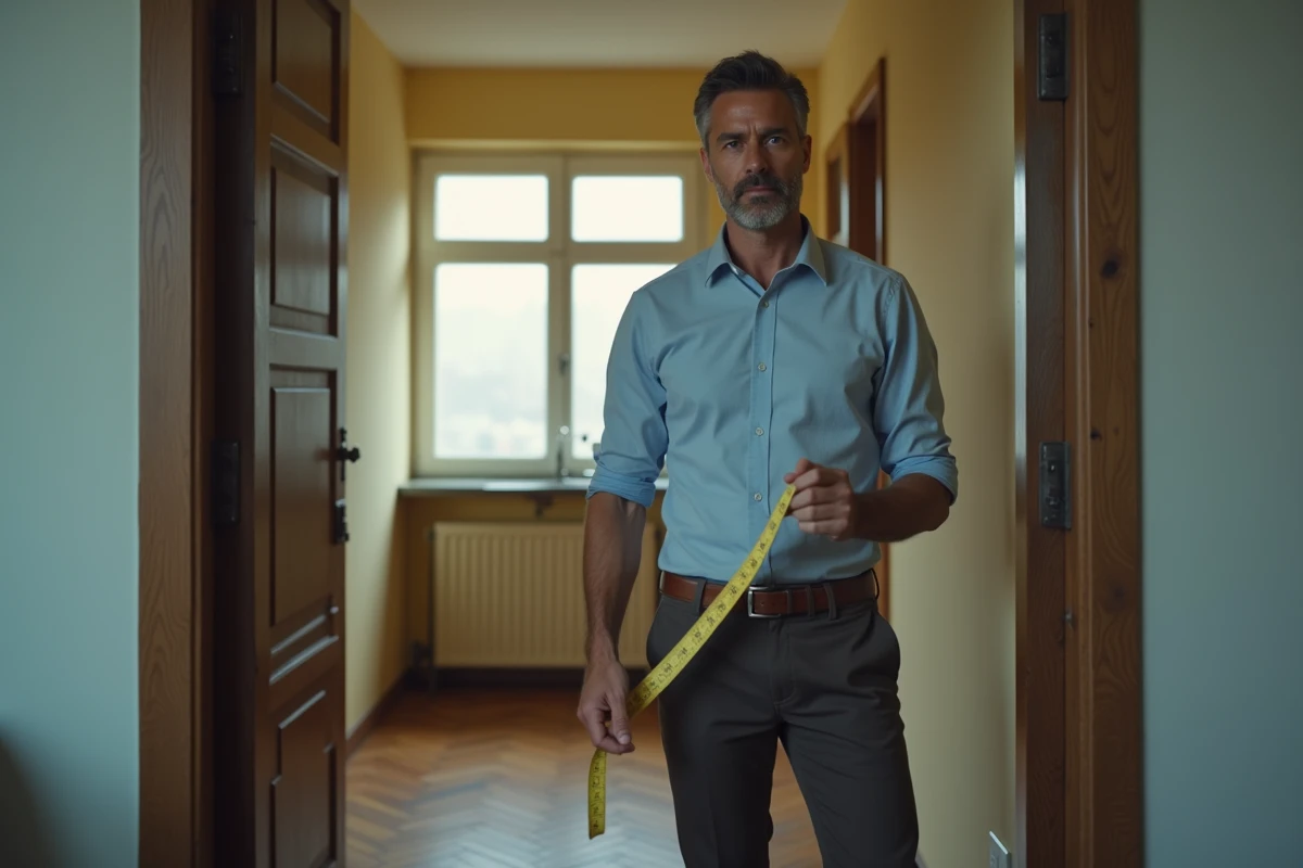 Agent immobilier mesurant la superficie d'un petit appartement meublé avec un mètre ruban