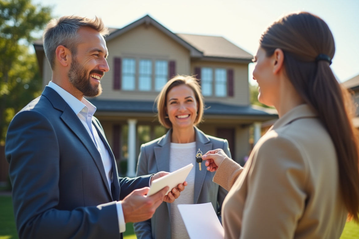 Agent immobilier souriant remettant des clés à un couple devant une maison