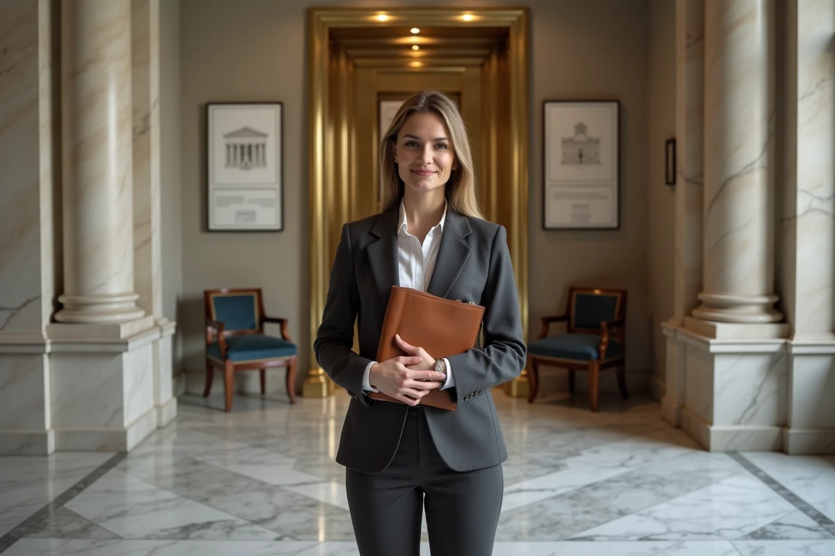 Agente immobilière dans le hall en marbre d'un immeuble de prestige en France