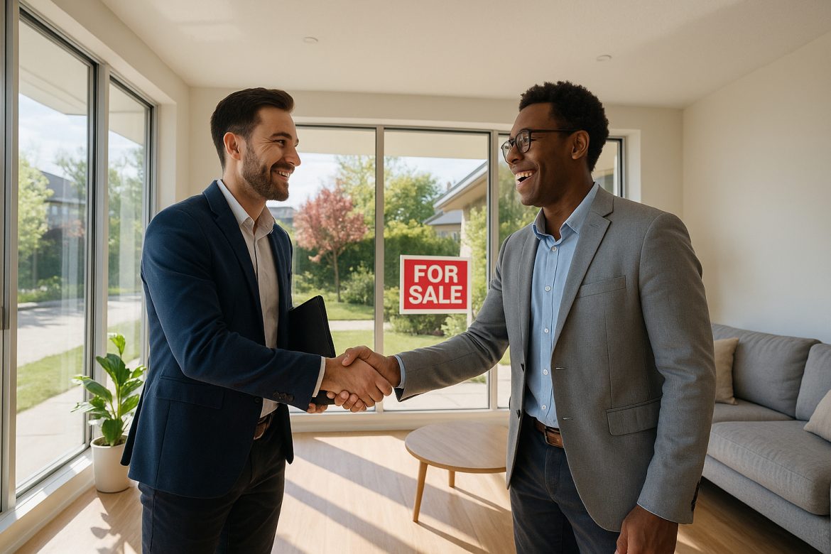 Deux agents immobiliers se serrant la main dans un salon lumineux