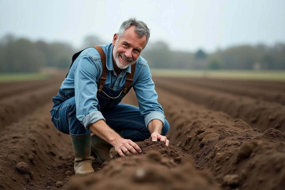 Agriculteur examinant la qualité du sol sur un terrain agricole à louer en milieu rural français