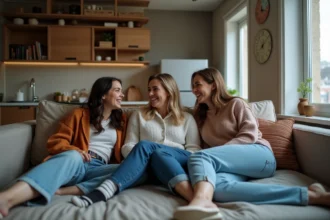 Trois jeunes adultes riant dans un studio urbain