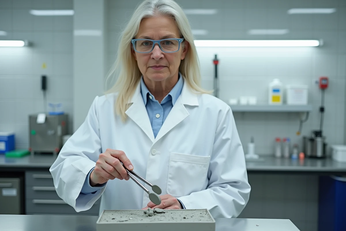 Inspectrice sanitaire analysant un échantillon de conduite en fibrociment dans un laboratoire environnemental