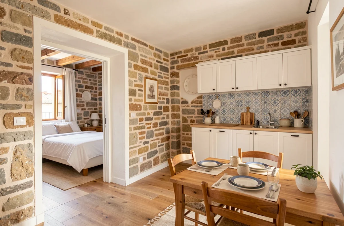 Appartement rénové à Porto aménagé pour la location courte durée avec murs en pierre, carreaux azulejo et décoration portugaise authentique