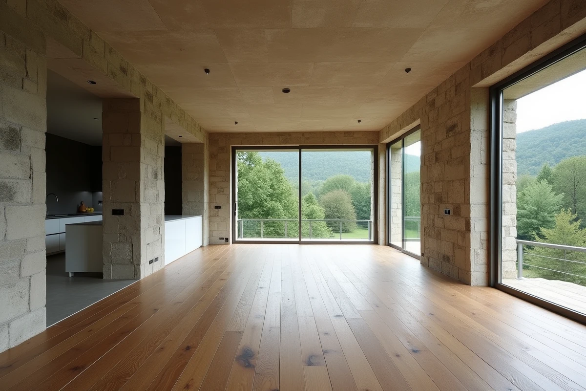Appartement de luxe vide avec murs en pierre calcaire et vue sur les forêts du Périgord