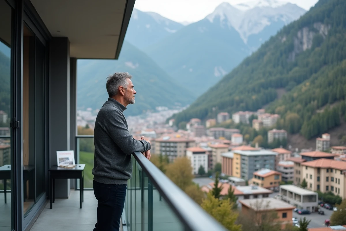 Homme non-résident sur le balcon d'un appartement moderne à Andorre-la-Vieille contemplant le panorama urbain et montagneux