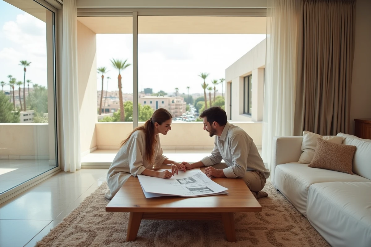 Couple consultant des plans dans un appartement moderne à Guéliz Marrakech, quartier contemporain prisé pour l'investissement immobilier