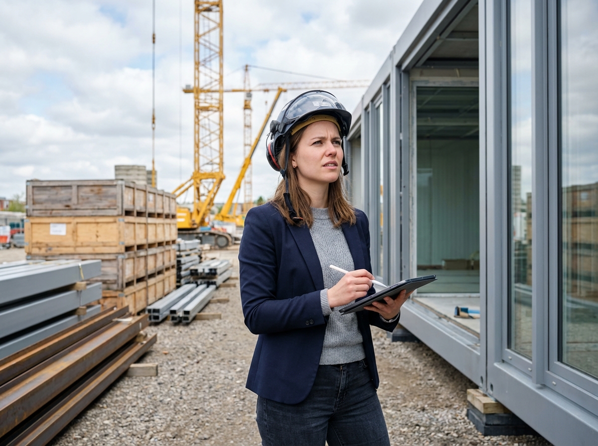 Jeune architecte observant une structure modulaire extérieure