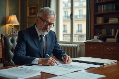 Homme d'âge moyen en costume bleu examinant plans architecturaux