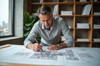 Architecte traçant un plan en coupe de terrain et construction sur une table à dessin dans un studio moderne