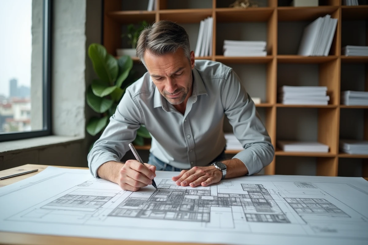 Architecte traçant un plan en coupe de terrain et construction sur une table à dessin dans un studio moderne
