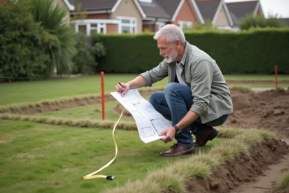 Architecte homme en extérieur examine un plan sur un terrain