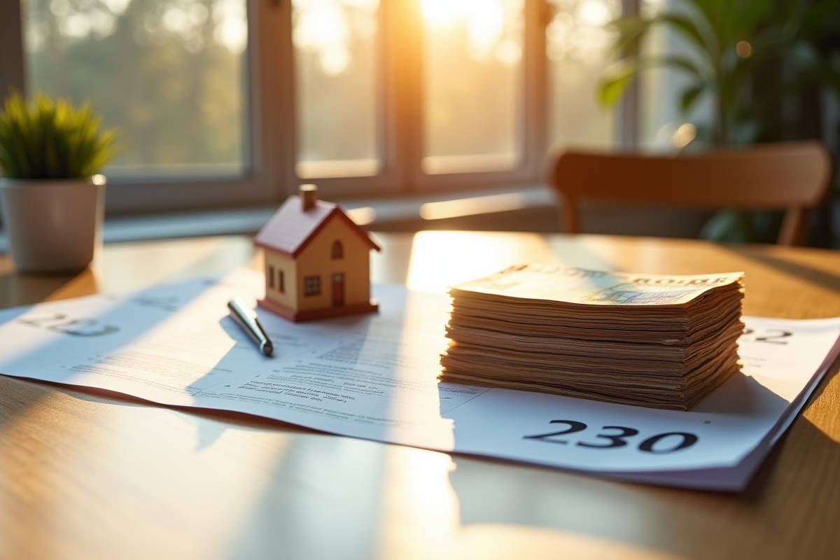 Pile de billets euro et documents de vente immobiliere sur une table ensoleillee