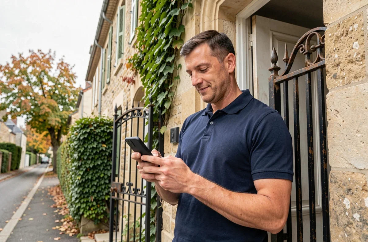 Propriétaire vérifiant son contrat d'assurance habitation La Poste sur smartphone devant sa maison