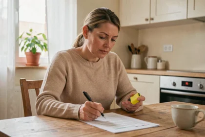 Femme consultant son contrat d'assurance habitation à domicile, comparant les offres pour trouver la moins chère
