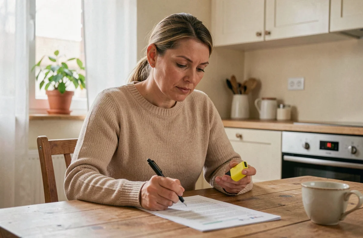 Femme consultant son contrat d'assurance habitation à domicile, comparant les offres pour trouver la moins chère