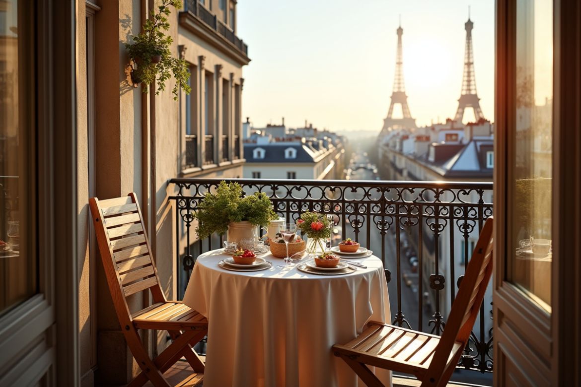 Balcon parisien avec petit déjeuner et vue sur la tour Eiffel