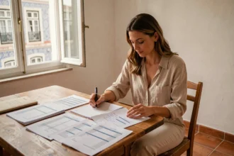 Femme expatriée calculant son budget pour un séjour longue durée au Portugal dans un appartement lisboète