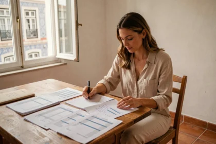 Femme expatriée calculant son budget pour un séjour longue durée au Portugal dans un appartement lisboète
