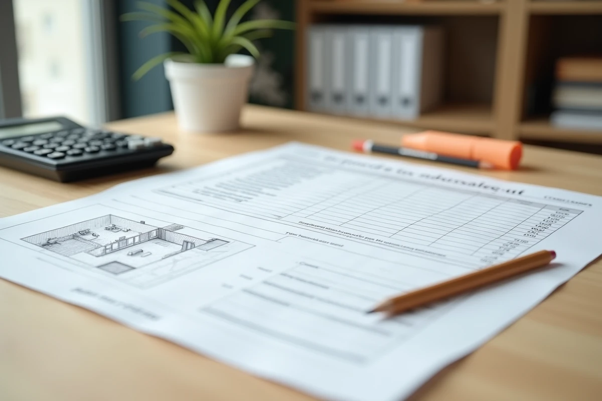 Bureau avec avis de taxe foncière, plan de terrasse et calculatrice pour vérification des erreurs de calcul