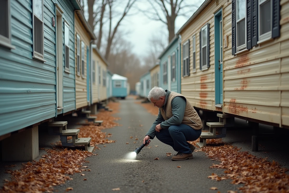 Vue extérieure d'un camping à l'année en automne avec mobil-homes d'occasion et acheteur inspectant le châssis