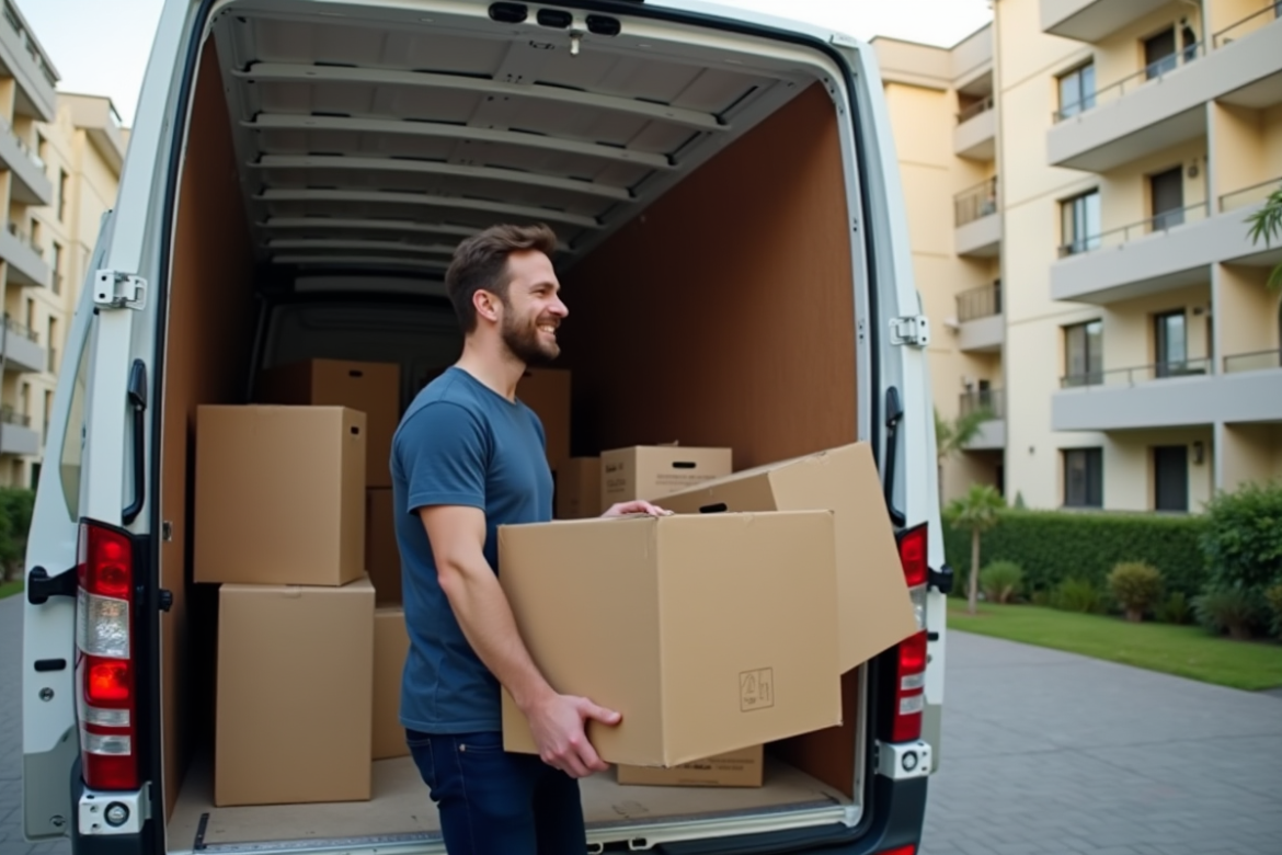 Personne chargeant des cartons dans un camion blanc en ville