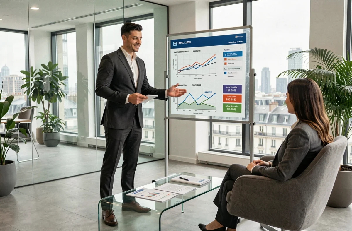 Conseiller CIB Finance présentant des solutions de financement immobilier sur tableau de données à Lyon