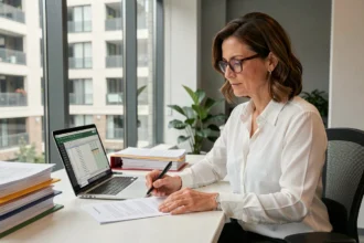 Comptable femme analysant les charges communes d'une copropriété sur ordinateur et documents imprimés dans un bureau moderne