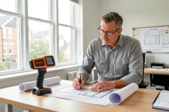 Conseiller en rénovation énergétique examinant les plans d'une maison
