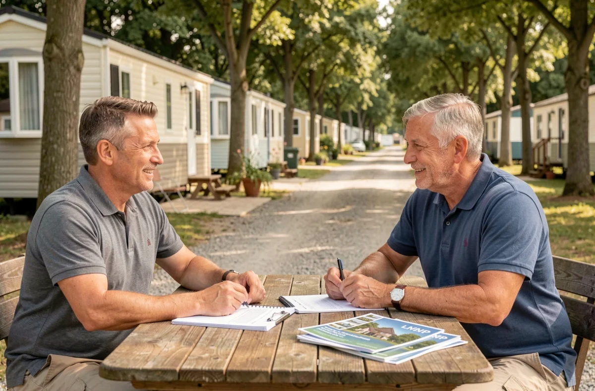 Conseiller immobilier expliquant le statut LMNP à un investisseur devant des mobil-homes dans un camping résidentiel