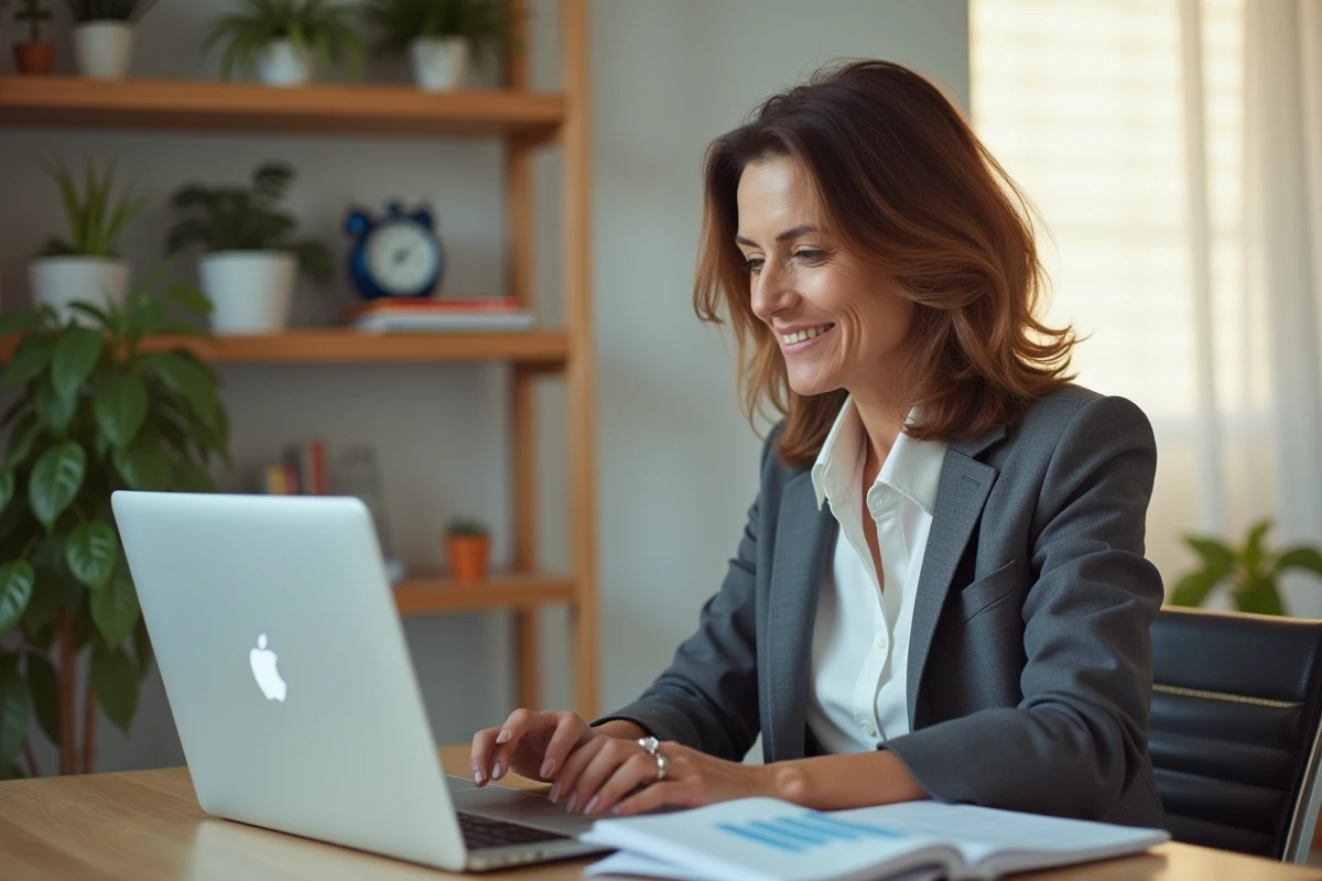 Conseillère IAD indépendante consultant le portail Iadintranet sur son ordinateur portable dans un bureau à domicile professionnel